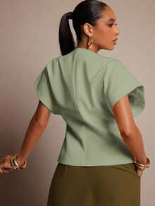 Vixey Solid Textured Woven Asymmetrical Hem Single Button Waistcoat Top - Mint Green - View 5