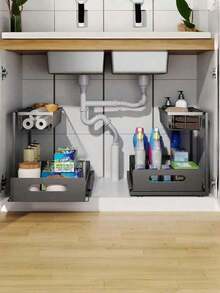 Estante deslizante de almacenamiento debajo del fregadero de doble capa, estante organizador multifuncional debajo del fregadero adecuado para cocina y baño, diseño expandible y ahorro de espacio, fácil de limpiar, aplicable a baño/cocina/lavandería, hogar ordenado, color: negro - Multicolor - Ver 5