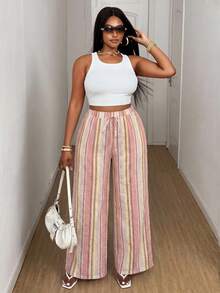 Maweii Plus Size Women Striped Patchwork Casual Loose Wide Leg Pants, Versatile For Daily Wear - Pink - View 4