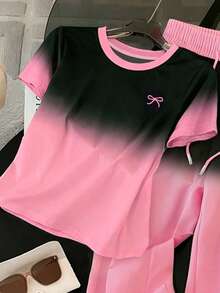 Resyla Regular Fit Crew Neck Short Sleeve T-Shirt + Straight Leg Pants With Slant Pockets - Pink - View 5