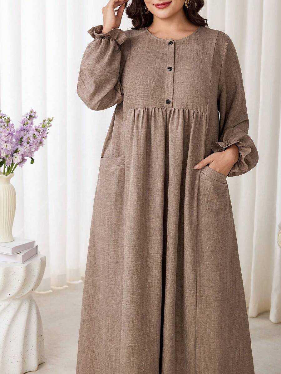 Al Najma Plus Size Women's Solid Color Button Half-Placket Flare Sleeve Arabic Style Dress, Versatile - Khaki - View 1