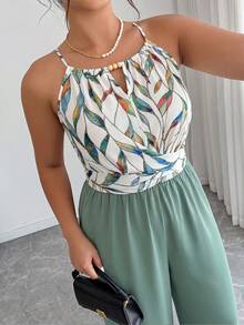 SHEIN LUNE Plus Size Women's Elegant Wrap-Around Tie-Waist Striped Contrast Color Loose Straight Leg Jumpsuit, Spring/Summer - Multicolor - View 5