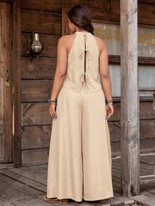 Nubod Plus Size Denim Effect Halter Top + Wide Leg Pants 2 Pieces Set - Khaki - View 2