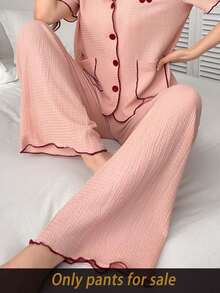 SHEIN 撞色滚边提花针织女式休闲裤 - 粉色 - 查看 6