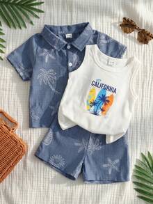 SHEIN Playful Pals 3件組 嬰幼兒男童休閒學院風字母藍白條紋背心、佩斯利花卉印花襯衫、短褲 夏季度假假日套裝 - 藍色 - 查看 4
