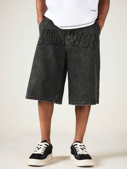 SUMWON Acid Wash Denim Shorts With Collegiate Varsity Embroidered Logo Baggy Wide Leg Summer Street Style