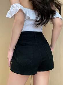 DAZY 女士高腰口袋休闲百搭牛仔短裤夏季 - 黑色 - 查看 7
