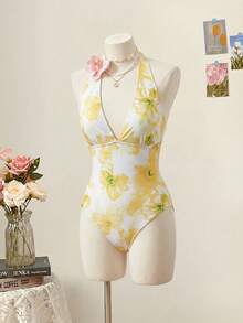 SHEIN MOD Áo tắm liền thân hở lưng, buộc dây phía trước, họa tiết hoa, thích hợp cho kỳ nghỉ hè ở bãi biển dành cho nữ. - Màu vàng - Xem 6