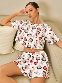 Betty Boop x SHEIN Women's Cartoon Print Short Sleeve T-Shirt And Shorts Pajama Set - White - View 6
