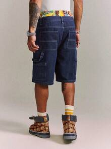 CRAVYNX Men's Casual Streetwear Multi-Pocket Striped Blue Denim Cargo Shorts - Dark Wash - View 2