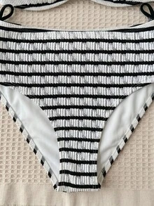 SHEIN Teen Girl Black&White Ribbed Tankini 2 Pieces Swimwear,Suitable For Beach Vacation,Spring/Summer Wear-Ribbed Spaghetti Strap Top And Shorts Set - Black and White - View 4