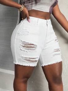 Slaydiva Plus Size Women Distressed Pocket Frayed Hem Casual Denim Shorts - White - View 8