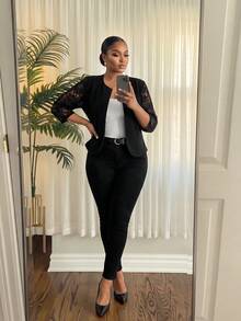 SHEIN Lady CURVE Áo khoác ngắn tay ren đen thanh lịch cỡ lớn dành cho nữ, phù hợp mặc hàng ngày, giáo viên, công sở thường ngày, văn phòng, áo đi chơi, sân bay, sang trọng, đi chơi, thời trang dạo phố dành cho nữ, quý tộc, áo cơ bản, sân bay, sân bay, phong cách Hàn Quốc, sân bay, mùa thu đông thu - màu đen - Xem 5