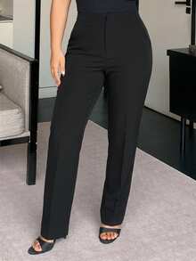 Dazy Plus Solid Color Loose Straight Leg Casual Black Pants, All Season - Black - View 5