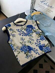 SHEIN LUNE 大码女式春夏休闲风针织背心，适合多种场合，柔软复古美学，随机红色玫瑰印花，圆领无袖宽松版型，是春夏穿着的理想之选。 - 藍色 - 查看 5