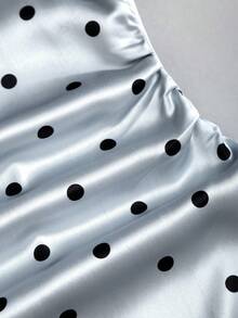 Sweetra Gaun Mini Satin Polkadot Musim Semi/Panas Terbaru, Renda Kontras, Warna Cerah, Cocok untuk Pesta, Pakaian Ulang Tahun - Biru - View 4
