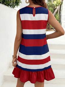 SHEIN Maternity Summer Casual Vacation Daily Commute Contrast Color Striped Print Sleeveless Ruffle Hem Dress - Red and White - View 2