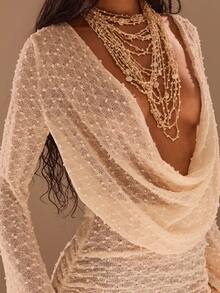 Opulessa Women's Solid Color Plunging Neck Long Sleeve Sheer Coverup Dress - Apricot - View 1
