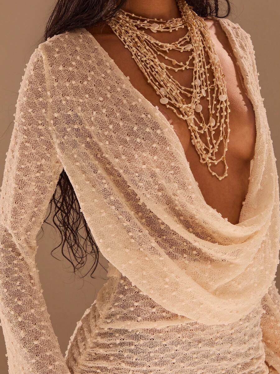 Opulessa Women's Solid Color Plunging Neck Long Sleeve Sheer Coverup Dress - Apricot - View 1