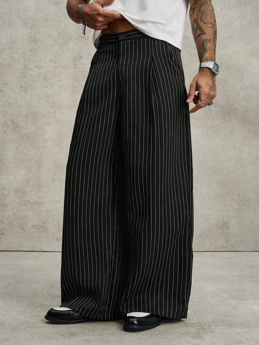 PAVTROS Pantalon rayé noir pour hommes, pantalon de costume ample et large, pantalon droit décontracté et polyvalent - Noir - Voir 1