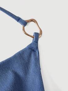 Sweetra Women's Summer Casual Vacation Fashion Street Chic Daily Commute Metal Decor Knot Halter Denim Top - Blue - View 3