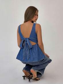 Aloruh Áo thun denim cổ tròn đa năng dành cho nữ, thích hợp mặc hàng ngày. - Màu xanh lam - Xem 9