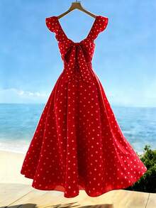 Franclia Đầm nữ cổ chữ V tay bồng xếp ly eo hở lưng thắt nơ chấm bi, kiểu dáng thường ngày cho kỳ nghỉ xuân/hè. - Fiery Red - Xem 2