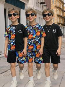 SHEIN 2件套儿童/青少年男童休闲电子游戏图案圆领T恤和短裤套装，适合通勤、上学、日常休闲穿着、运动、春夏穿着 - 黑色 - 查看 5