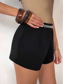 SHEIN Glamour Quần short nữ đính đá lấp lánh, kiểu dáng thường ngày, đa năng. - màu đen - Xem 4