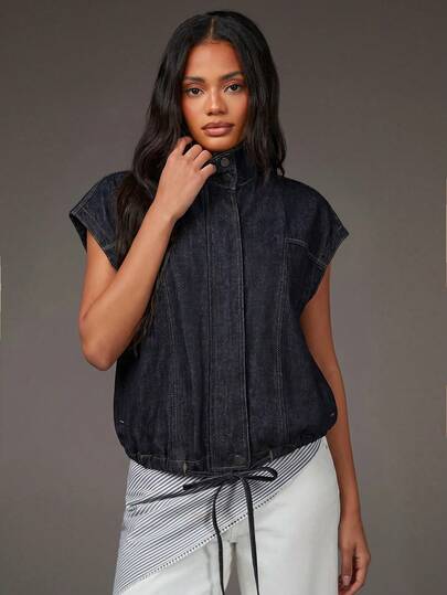 Athîral Denim Women's Casual Sleeveless Lapel Loose Denim Jacket, Black Denim Jacket, Stand Up Loose Denim Jacket, Drawstring Hem, Stiff Fabric, Wide And Stylish, Handsome , Airport , Outdoor , Holiday , Versatile Jacket