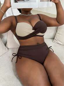 Slaydiva Plus Size Women 2pcs/Set Random Print Underwire Bikini Swimwear, Casual Holiday Outfit - Coffee Brown - View 1