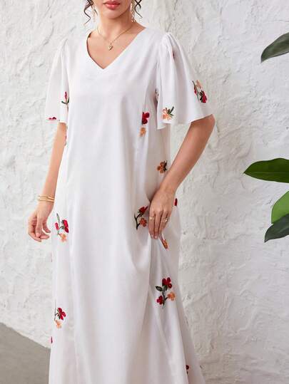 Yasmyna V-Neck Butterfly Sleeve Embroidered Patchwork White Dress, Spring/Summer