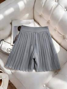 Selianne Waist Cinching Pleated Button Decor Elegant Minimalist Commuter Shorts For Women - Grey - View 2