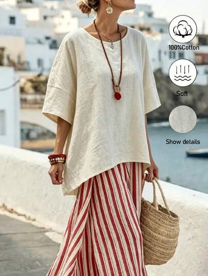 SHEIN Holidaya Women's New Minimalist Casual Textured Loose Short Sleeve Top