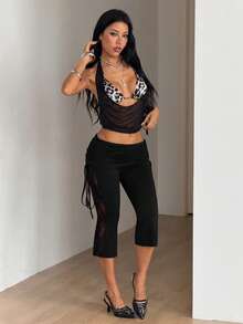 SHEIN ICON Quần lửng nữ màu đen phối ren bên hông, kiểu dáng gợi cảm, có dây rút ở eo, thích hợp cho kỳ nghỉ. - màu đen - Xem 4