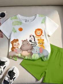 SHEIN Playful Pals 男婴休闲度假简约时尚可爱动物园猴子河马大象斑马狮子熊圆领T恤和配套短裤套装，适合夏季、休闲、户外、上学穿着 - 彩色 - 查看 3