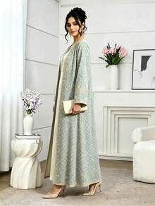 SHEIN Najma 金色花枝花边图案女士端庄优雅阿拉伯长袍，春秋时尚长袖开衫长外套，浅蓝灰色花卉图案阿巴雅，阿拉伯风格服装 - 彩色 - 查看 3