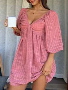 DAZY 女士格子印花深V领休闲睡裙 - 粉色 - 查看 7