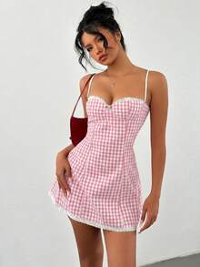 Aloruh Đầm mini dáng chữ A ôm sát, dây mảnh, họa tiết kẻ caro đỏ trắng dành cho nữ, thích hợp cho dịp Giáng sinh, viền ren. - Màu Hồng baby - Xem 1