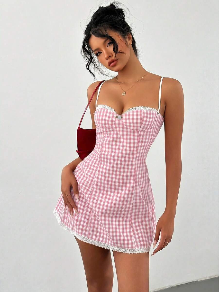 Aloruh Đầm mini dáng chữ A ôm sát, dây mảnh, họa tiết kẻ caro đỏ trắng dành cho nữ, thích hợp cho dịp Giáng sinh, viền ren. - Màu Hồng baby - Xem 1