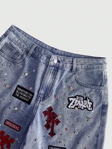 ROMWE MEN Men's Casual Fashion Street Sparkling Diamond Embroidery Pattern Denim Shorts, Summer - Blue - View 2