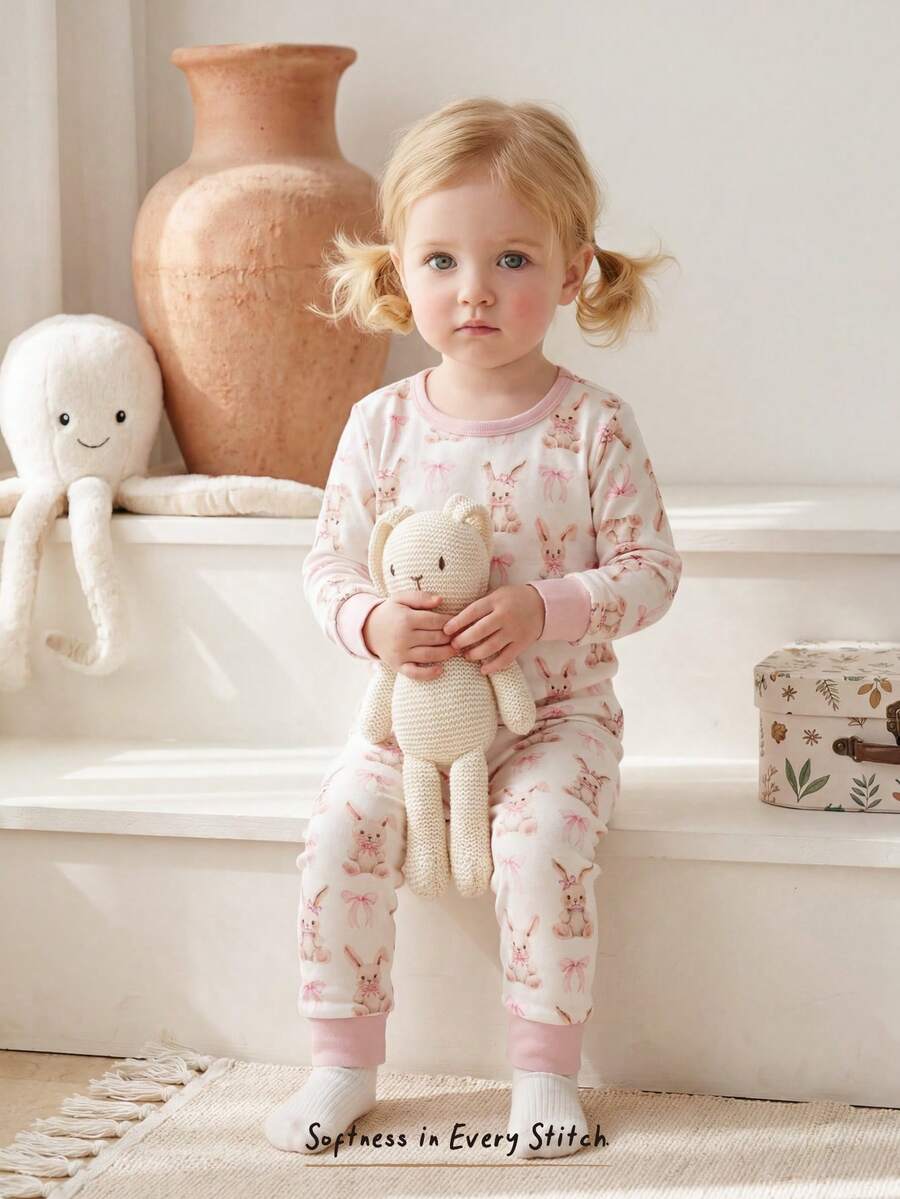 Cozy Pixies Bộ đồ ngủ hai mảnh cho bé gái, gồm áo dài tay cổ tròn mềm mại và quần dài cạp chun, họa tiết thỏ và nơ, thích hợp mặc ở nhà, đi nghỉ mát, lễ Phục Sinh, mặc nhiều lớp và nhiều dịp khác. - Nhiều màu - Xem 1