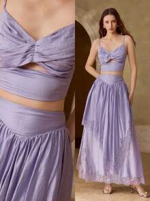 MOTF PREMIUM WOMEN'S TWIST TOP WITH RHINESTONE DETAIL AND ASYMMETRIC LINEN HEM 2 PIECES SET, SPRING/SUMMER - Dusty Purple - View 2