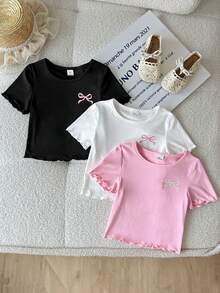 SHEIN 3件套儿童/少女夏季柔软可爱蝴蝶结印花黑白粉色T恤上衣，休闲日常时尚百搭，适合外出、旅行、露营、拍照、亲子装 - 彩色 - 查看 7