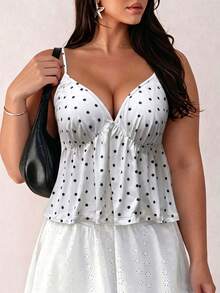 Selianne Camiseta sin mangas de uso diario versátil y casual con pliegues y lunares para mujer de talla grande - Blanco y Negro - Ver 1