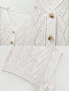 SHEIN Holidaya Women's Ivory Openwork Knit Vest,Summer V-Neck Sleeveless Leaf Pattern Button Front Knit Top,Ribbed Hem Vintage Casual Style Gift For Mother - White - View 5