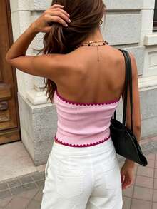 Cévolie Top tubo ajustado con bordado de concha de color contrastante - Rosa - Ver 2