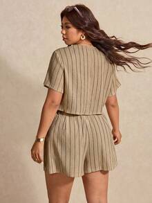 Elaquor Plus Size Casual Striped Shirt And Shorts 2 Pieces Set - Khaki - View 2