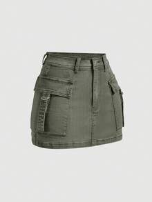 SHEIN MOD Plus Size Women's Cargo Pocket Casual Denim Mini Skirt Formal Sage Green Summer - Green - View 5