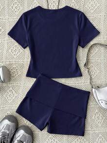 Setelan Sweater Pullover Leher Bulat Rajut Warna Biru Polos Kasual untuk Remaja Perempuan + Celana Pendek Biru, Gaya Dasar, Kasual & Sporty, Musim Panas - Navy Blue - View 2
